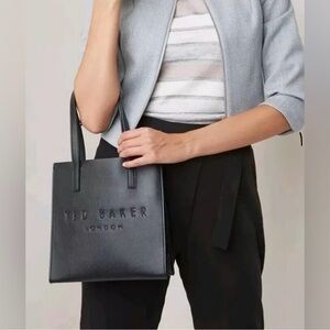 Ted Baker London Black Faux Leather Small Tote Bag Purse Shopper Chic Neutral